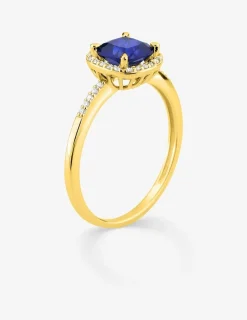 Bague en or jaune 375 ‰ avec saphir et diamants synthétiques 0,12 ct SO OR