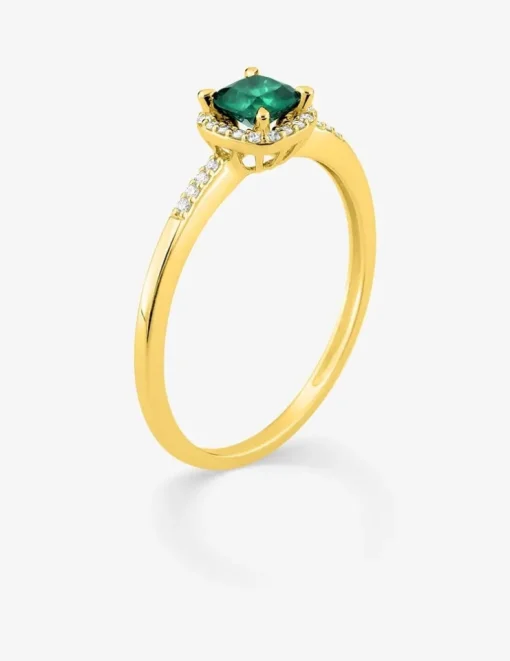 Bague en or jaune 375 ‰ avec émeraude et diamants synthétiques 0,08 ct SO OR