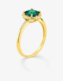 Bague en or jaune 375 ‰ avec émeraude et diamants synthétiques 0,12 ct SO OR