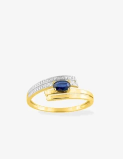 Bague en or jaune 750 ‰, avec saphir et diamants, rhodium SO OR