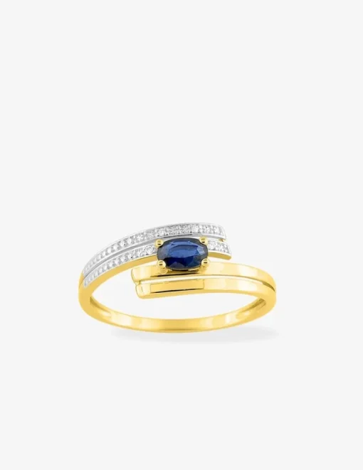 Bague en or jaune 750 ‰, avec saphir et diamants, rhodium SO OR