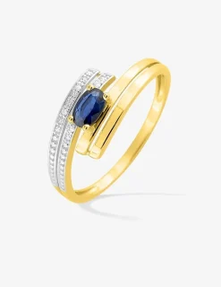 Bague en or jaune 750 ‰, avec saphir et diamants, rhodium SO OR