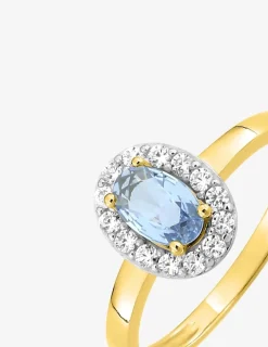 Bague en or jaune 750 ‰ avec aigue-marine bleue et rhodium SO OR