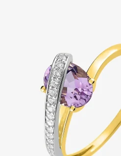 Bague en or jaune 750 ‰ avec améthyste, oxyde de zirconium et rhodium SO OR