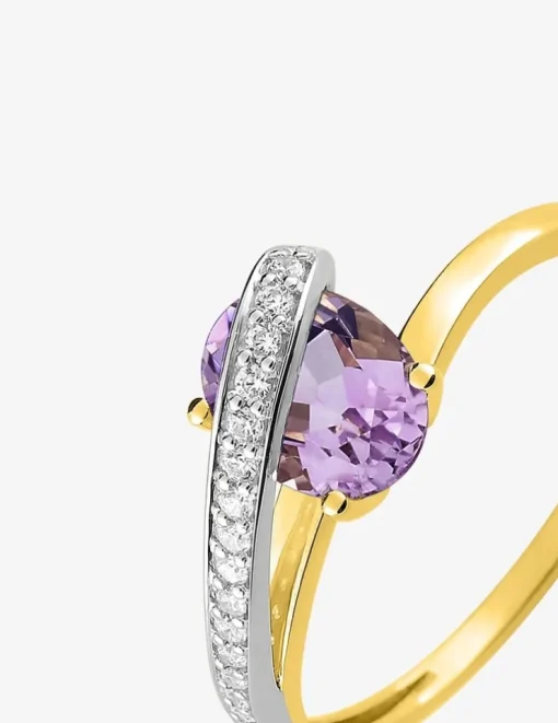 Bague en or jaune 750 ‰ avec améthyste, oxyde de zirconium et rhodium SO OR