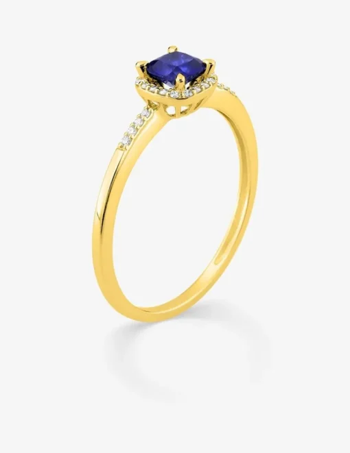Bague en or jaune 375 ‰ avec saphir et diamants synthétiques 0,08 ct SO OR