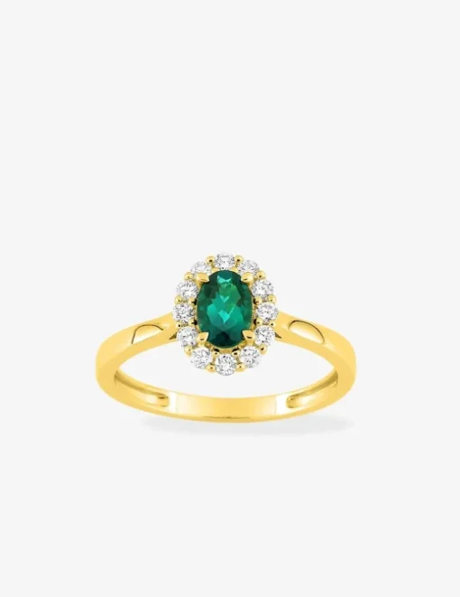 Bague en or jaune 375 ‰, émeraude et diamants synthétiques 0,23 ct SO OR
