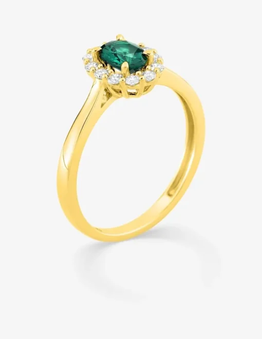 Bague en or jaune 375 ‰, émeraude et diamants synthétiques 0,23 ct SO OR
