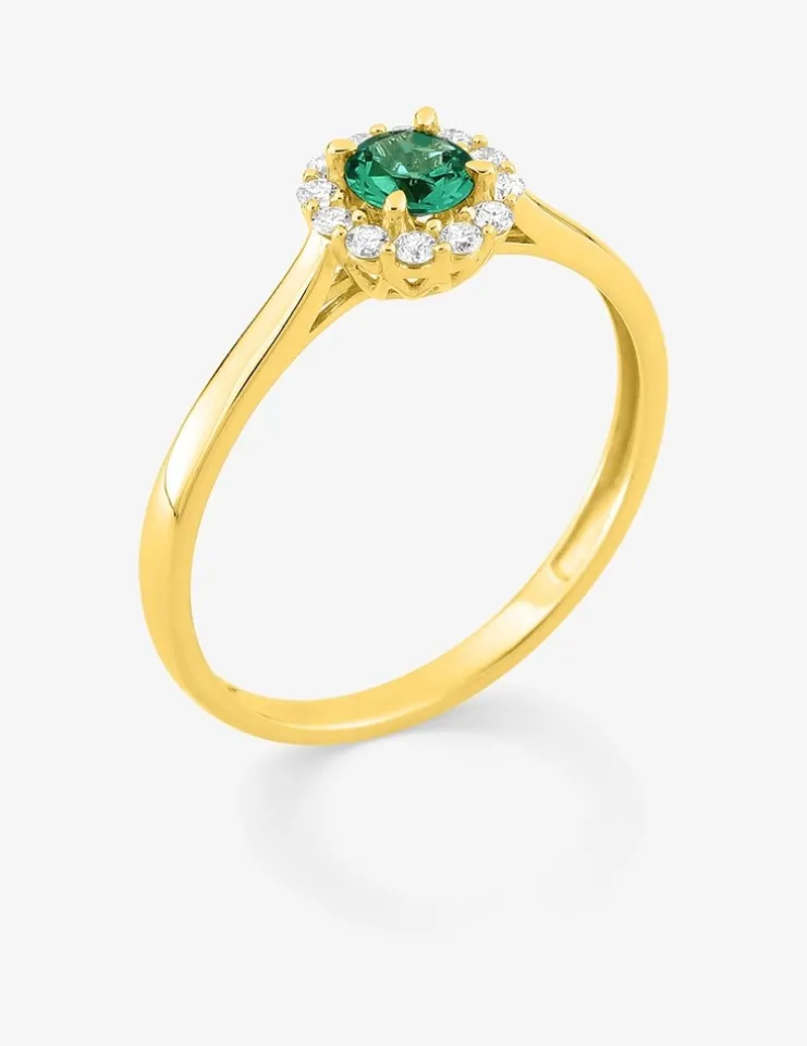 Bague en or jaune 375 ‰, émeraude et diamants synthétiques 0,13 ct SO OR