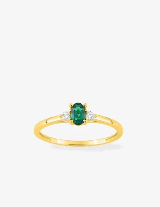 Bague en or jaune 375 ‰, émeraude et diamants synthétiques 0,06 ct SO OR