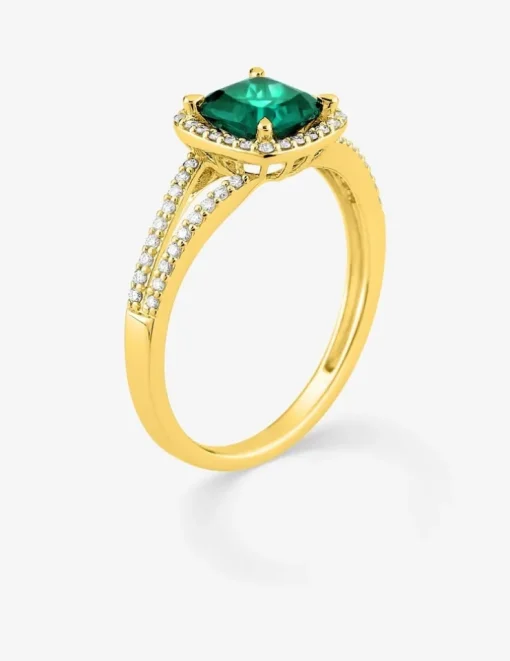 Bague en or jaune 375 ‰, émeraude et diamants synthétiques 0,24 ct SO OR