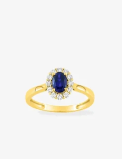 Bague en or jaune 375 ‰, saphir et diamants synthétiques 0,23 ct SO OR