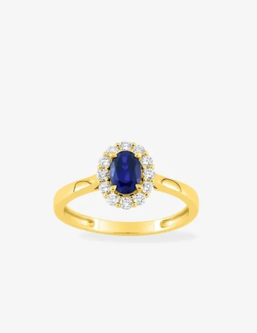 Bague en or jaune 375 ‰, saphir et diamants synthétiques 0,23 ct SO OR