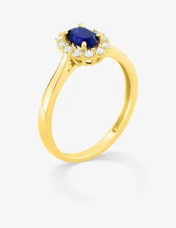 Bague en or jaune 375 ‰, saphir et diamants synthétiques 0,23 ct SO OR
