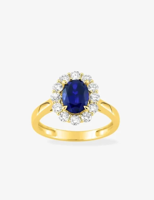 Bague en or jaune 375 ‰, saphir et diamants synthétiques 0,65 ct SO OR