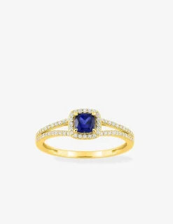 Bague en or jaune 375 ‰, saphir et diamants synthétiques 0,20 ct SO OR