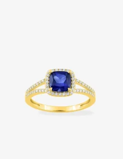 Bague en or jaune 375 ‰, saphir et diamants synthétiques 0,24 ct SO OR