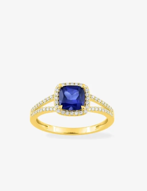 Bague en or jaune 375 ‰, saphir et diamants synthétiques 0,24 ct SO OR