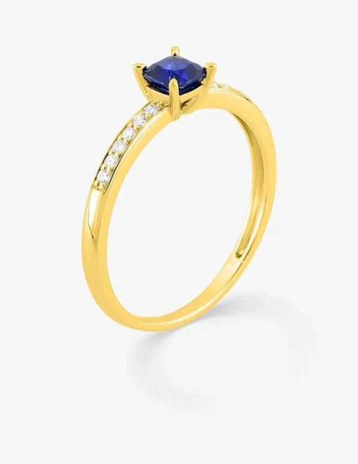Bague en or jaune 375 ‰, saphir et diamants synthétiques 0,08 ct SO OR