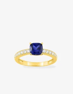 Bague en or jaune 375 ‰, saphir et diamants synthétiques 0,26 ct SO OR