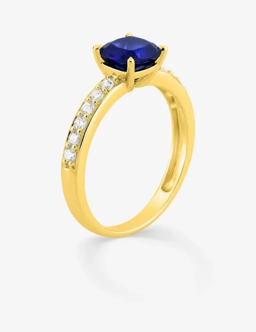 Bague en or jaune 375 ‰, saphir et diamants synthétiques 0,26 ct SO OR