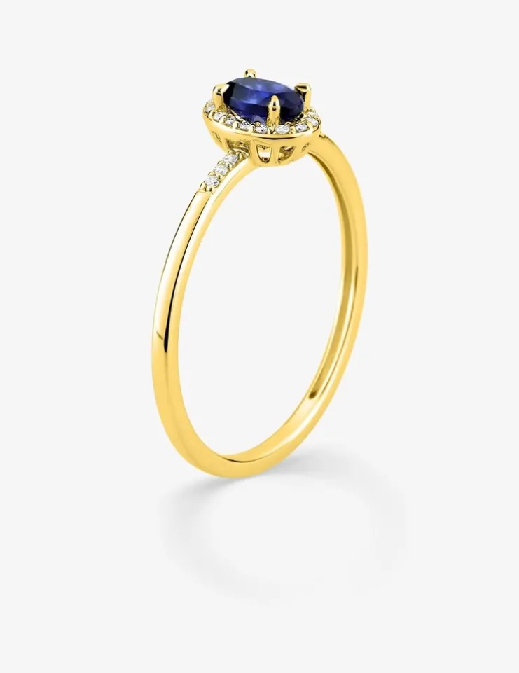 Bague en or jaune 375 ‰, saphir et diamants synthétiques 0,07 ct SO OR