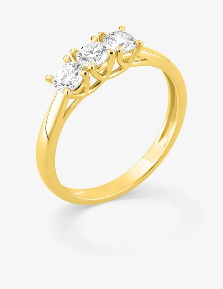Bague en or jaune 375 ‰, trois diamants synthétiques 0,60 ct SO OR
