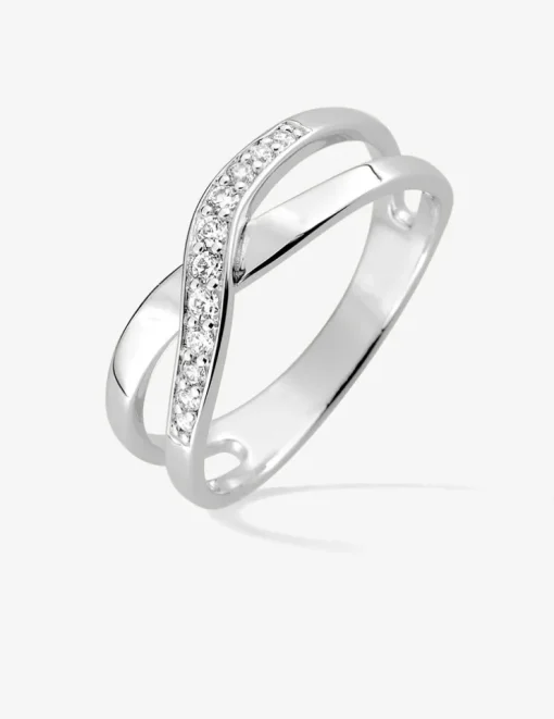 Bague fantaisie croisée argent rhodié 925 ‰ et oxyde de zirconium SO OR