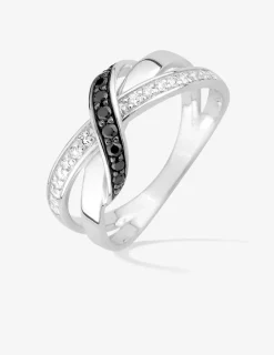 Bague fantaisie entrelacée argent rhodié 925 ‰ et oxyde de zirconium blanc et noir SO OR
