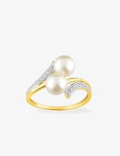 Bague fantaisie plaqué or, rhodium, oxydes de zirconium et perles 6 mm SO OR