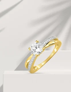 Bague fantaisie solitaire accompagné bicolore or 375 ‰ oxydes de zirconium SO OR