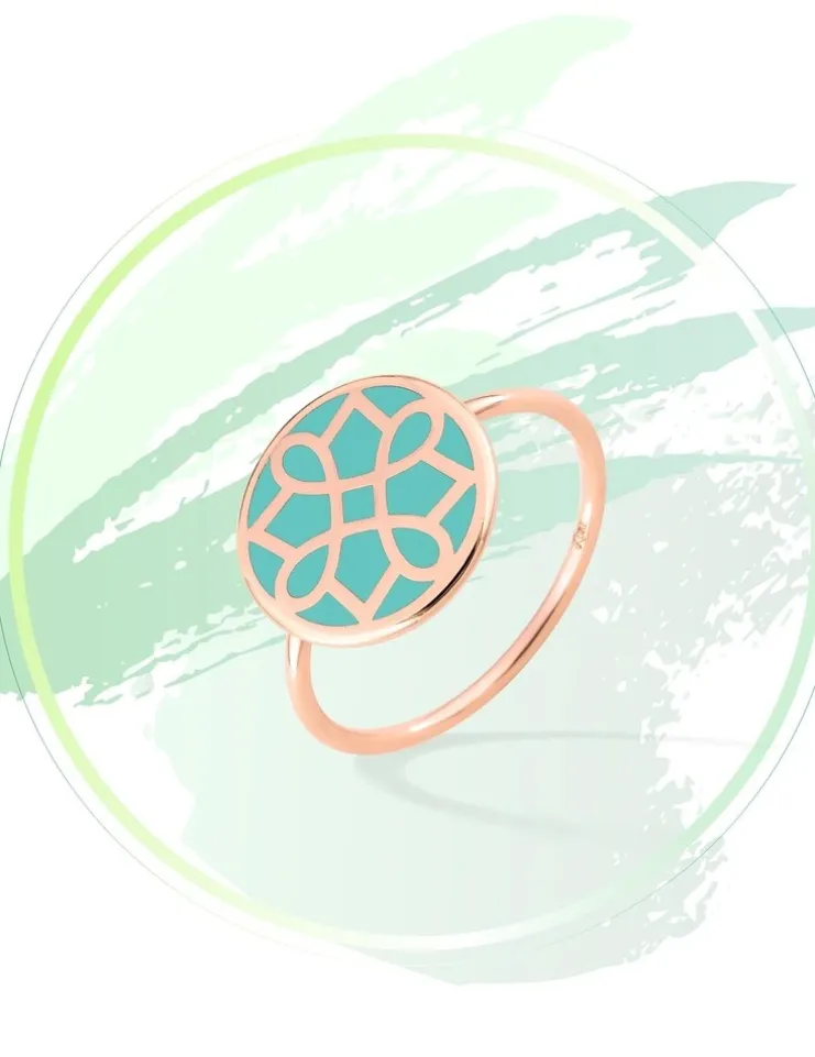 Bague Harmonie Or rose 375‰ et jeton laque verte aqua SO OR