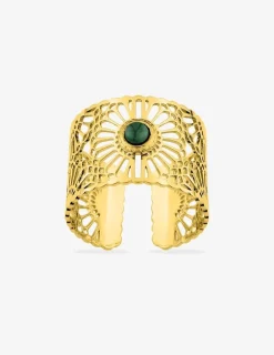 Bague large acier doré et malachite SO OR