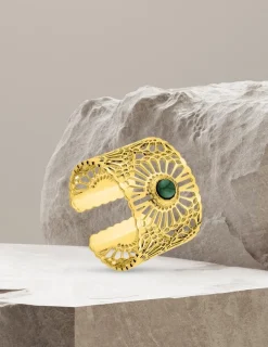 Bague large acier doré et malachite SO OR
