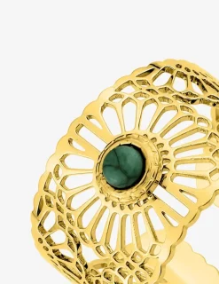 Bague large acier doré et malachite SO OR
