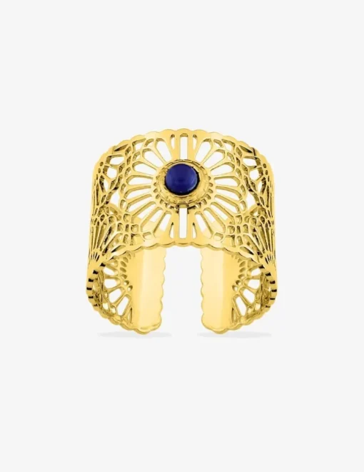 Bague large acier doré et lapis-lazuli bleu SO OR