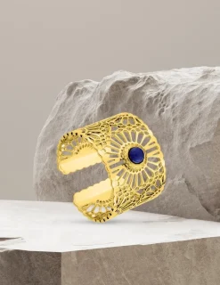 Bague large acier doré et lapis-lazuli bleu SO OR
