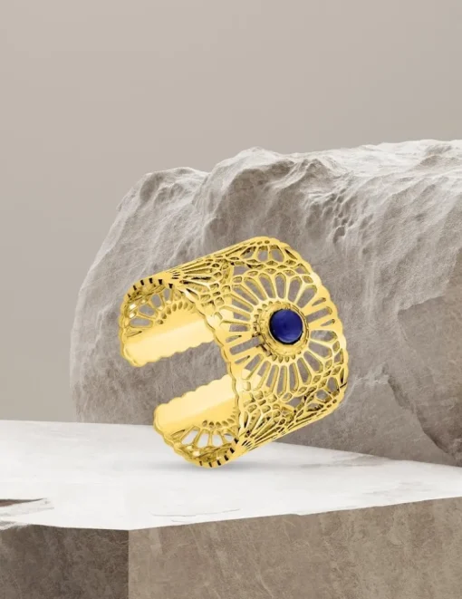 Bague large acier doré et lapis-lazuli bleu SO OR
