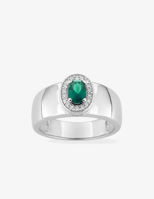 Bague large argent 925‰ rhodié et oxyde de zirconium vert accompagné SO OR