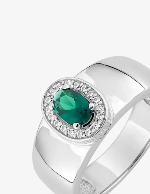 Bague large argent 925‰ rhodié et oxyde de zirconium vert accompagné SO OR