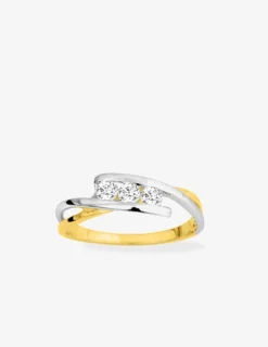 Bague monture fantaisie bicolore plaqué or, rhodium et trilogie oxydes de zirconium SO OR