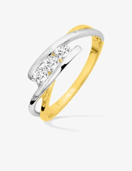 Bague monture fantaisie bicolore plaqué or, rhodium et trilogie oxydes de zirconium SO OR
