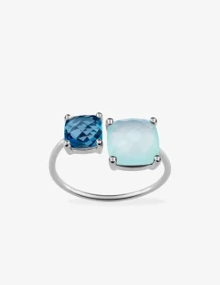 Bague or blanc 750 ‰ topaze bleue et calcédoine verte SO OR