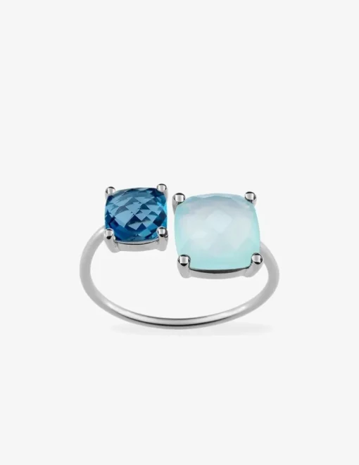 Bague or blanc 750 ‰ topaze bleue et calcédoine verte SO OR
