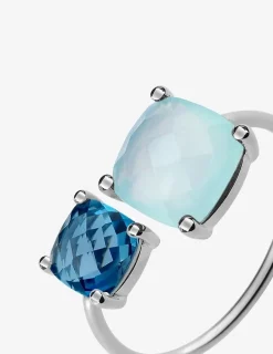 Bague or blanc 750 ‰ topaze bleue et calcédoine verte SO OR