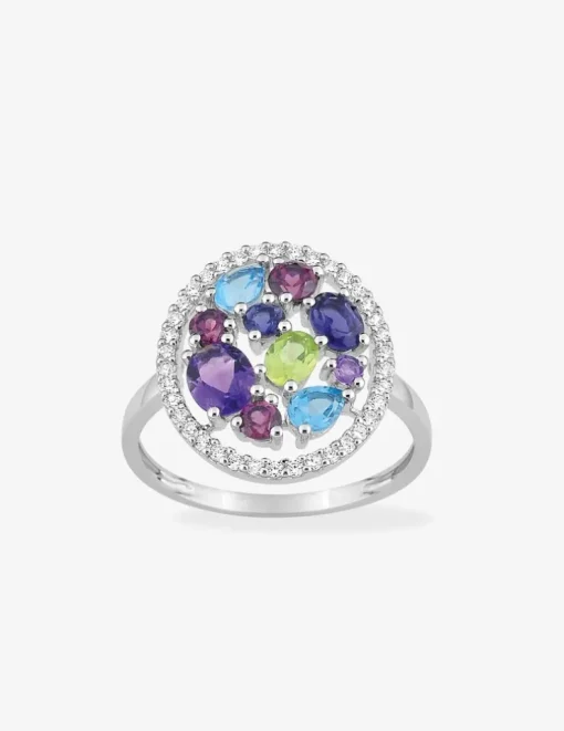Bague or blanc 375‰, améthyste, péridot, topaze, rhodolite, oxyde de zirconium SO OR