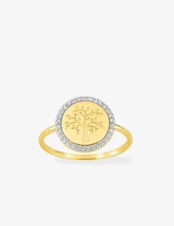 Bague or jaune 750 ‰, oxydes de zirconium et rhodium avec motif "arbre de vie" SO OR
