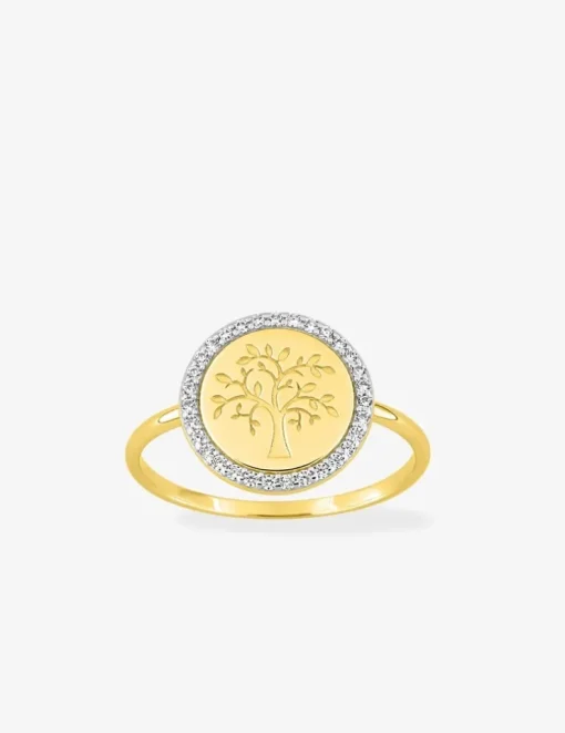 Bague or jaune 750 ‰, oxydes de zirconium et rhodium avec motif "arbre de vie" SO OR