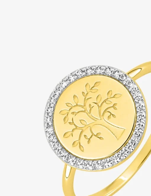 Bague or jaune 750 ‰, oxydes de zirconium et rhodium avec motif "arbre de vie" SO OR