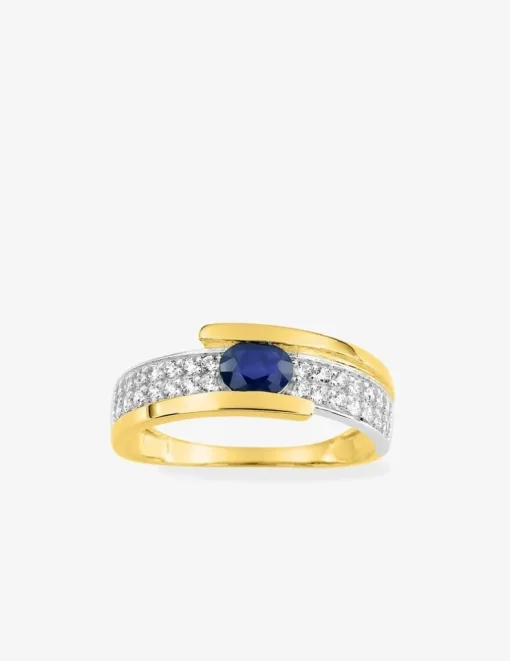 Bague or jaune 375 ‰ rhodium, saphir et oxyde de zirconium SO OR